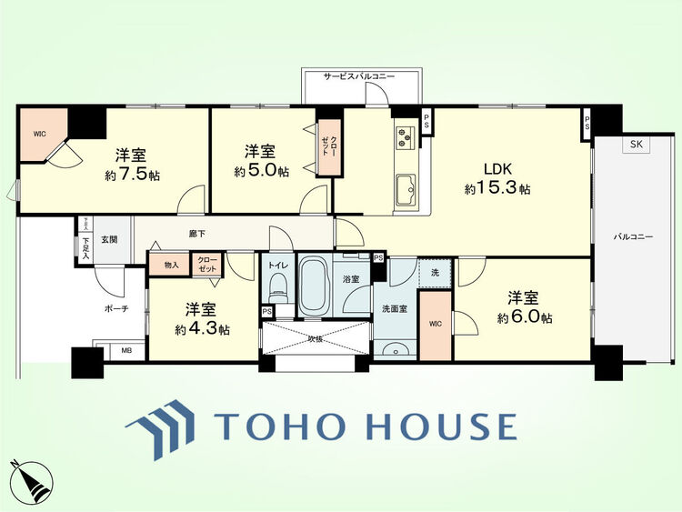 間取り 4LDK+TR　専有面積85.09平米、バルコニー面積14.31平米