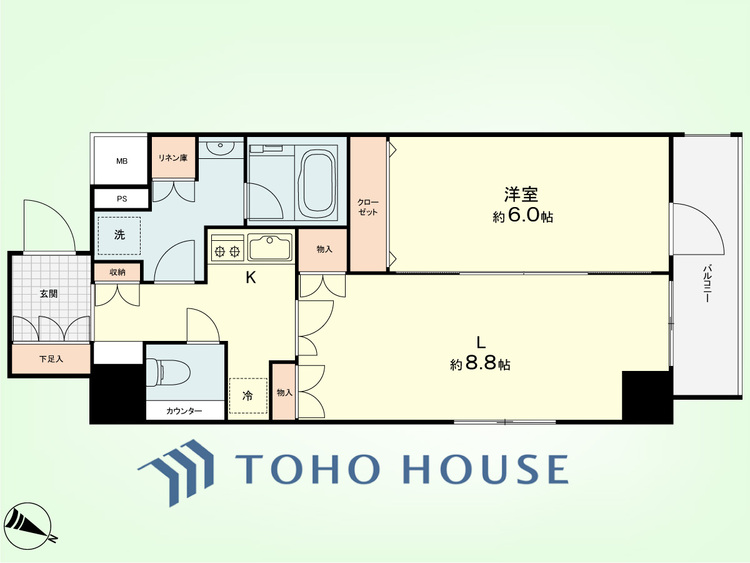 間取り 1LDK+リネン庫　専有面積44.49平米、バルコニー面積5.16平米
