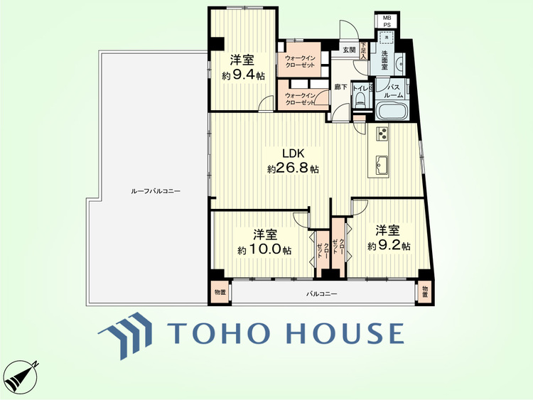 間取り 3LDK　専有面積119.74平米、バルコニー面積12.21平米、ルーフバルコニー面積67.47平米