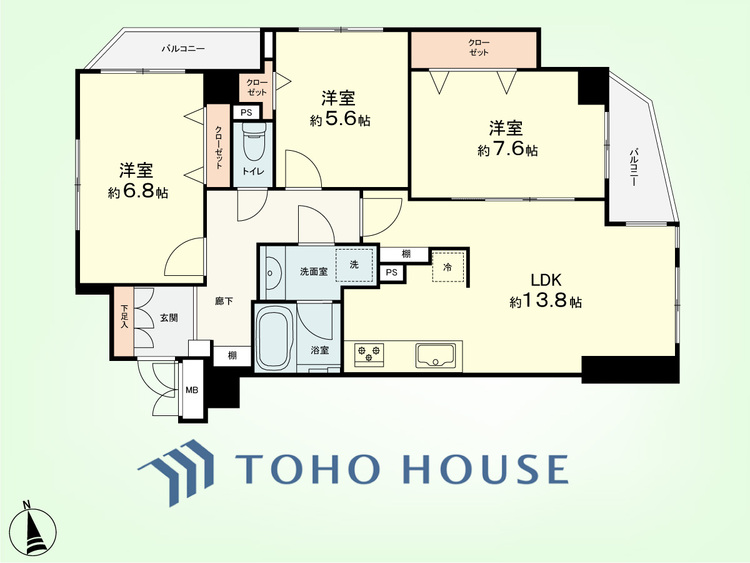 間取り 3LDK　専有面積70.69平米、バルコニー面積3.04平米