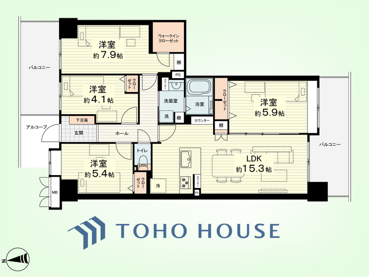 間取り 4LDK　専有面積81.9平米、バルコニー面積19.19平米