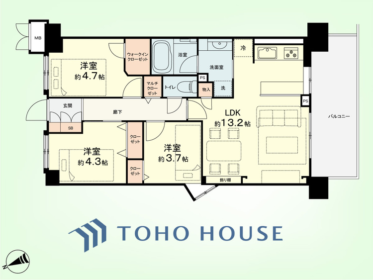 間取り 3LDK　専有面積59.49平米、バルコニー面積9.63平米