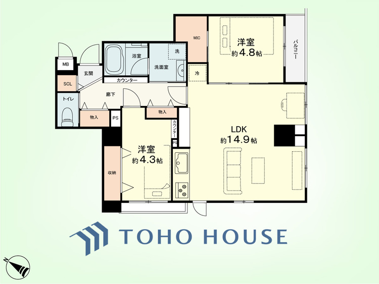 間取り 2LDK　専有面積59.59平米、バルコニー面積2.43平米