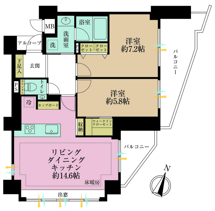 その他 2LDK、専有面積65.09m2、バルコニー面積14.75m2