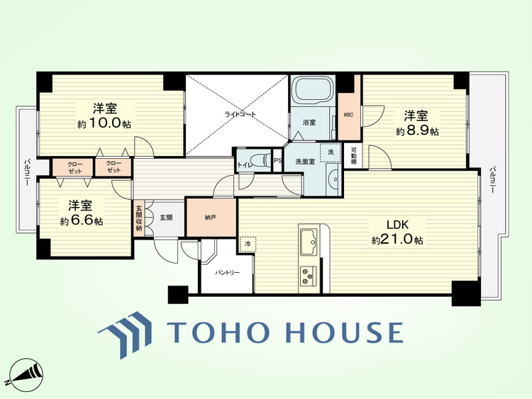 間取り 3LDK+納戸、パントリー　専有面積121.89平米、バルコニー面積14.25平米