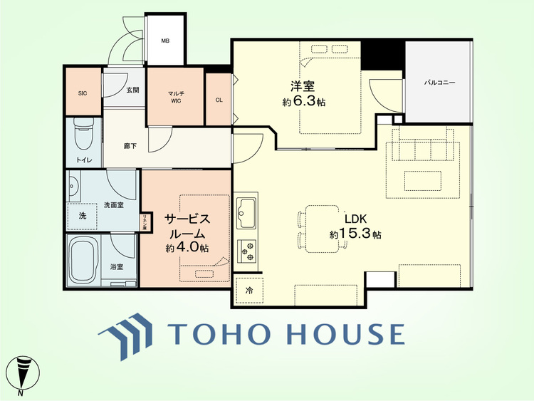 間取り 1SLDK+LIN　専有面積59.5平米、バルコニー面積3.45平米