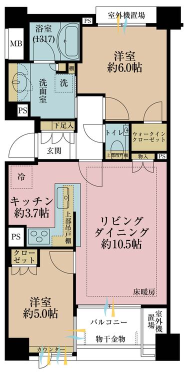 間取り 2LDK、専有面積57.64m2、バルコニー面積4.23m2