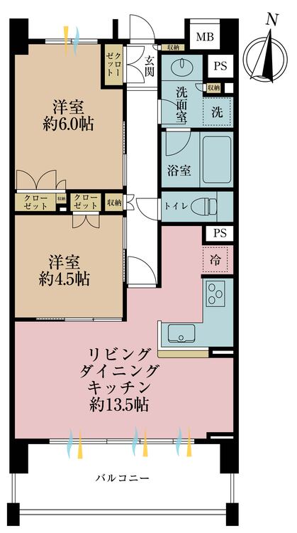 間取り 2LDK、専有面積56.31m2、バルコニー面積9.9m2