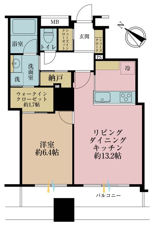 間取り 1LDK、専有面積50.01m2、バルコニー面積7.57m2