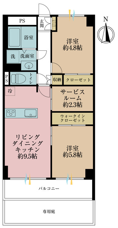 間取り 2LDK+S（納戸）、専有面積56m2、バルコニー面積5.24m2
