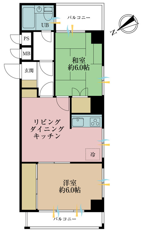間取り 2LDK、専有面積47.32m2、バルコニー面積7.71m2
