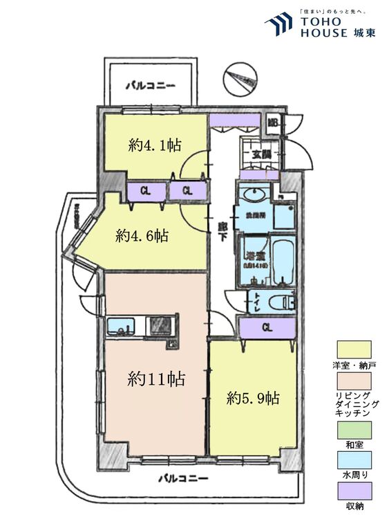 間取り ３ＬＤＫ、専有面積６０．９平米、バルコニー面積１８．７２平米