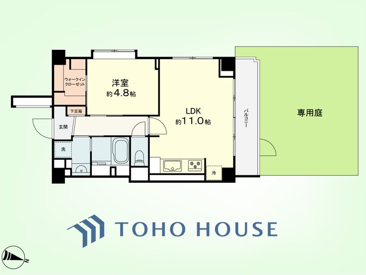 間取り 1LDK　専有面積42.65平米、バルコニー面積5.15平米