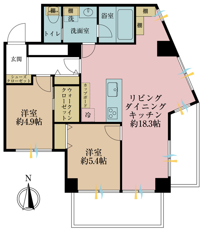 間取り 2LDK、専有面積65.6m2、バルコニー面積10.09m2
