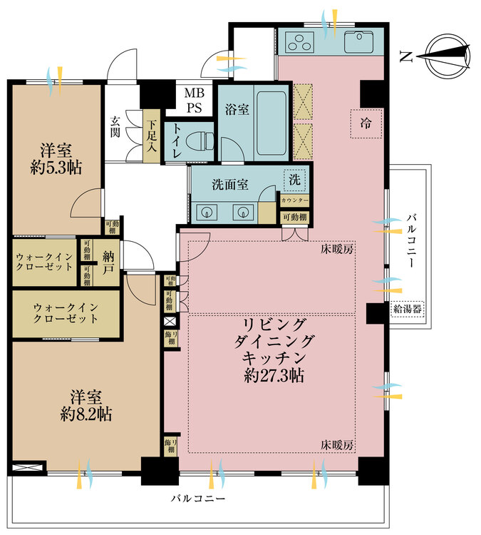 間取り 2LDK、専有面積92.1m2、バルコニー面積15.21m2