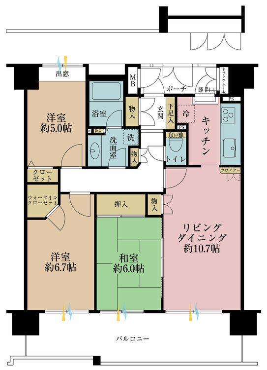 間取り ３ＬＤＫ、専有面積６７．９６平米、バルコニー面積１４．４６平米