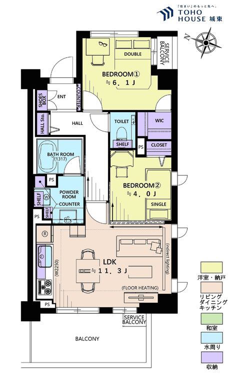 間取り ２ＬＤＫ、専有面積５６．０４平米、バルコニー面積８．２２平米