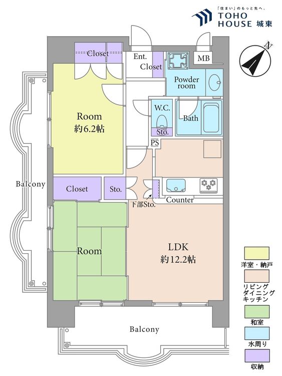 間取り ２ＬＤＫ、専有面積５６．６６平米、バルコニー面積１８．２３平米