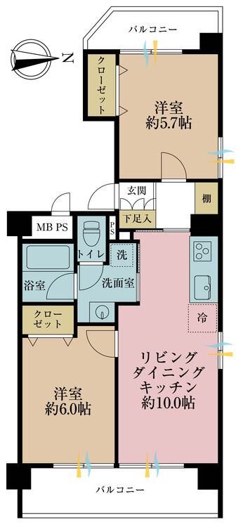 間取り ２ＬＤＫ、専有面積５２．６３平米、バルコニー面積１０．３２平米