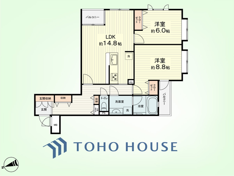間取り 2LDK　専有面積75.27平米、バルコニー面積4.43平米