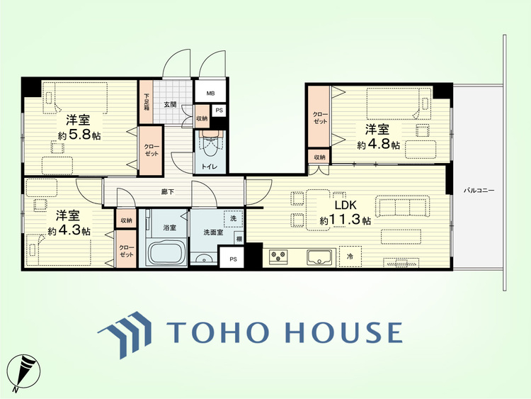 間取り 3LDK　専有面積62.72平米、バルコニー面積6.94平米