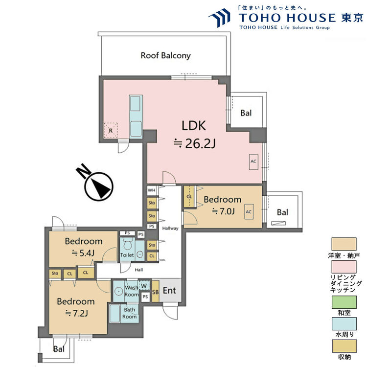 間取り 3LDK、専有面積108.51m2、バルコニー面積30.4m2
