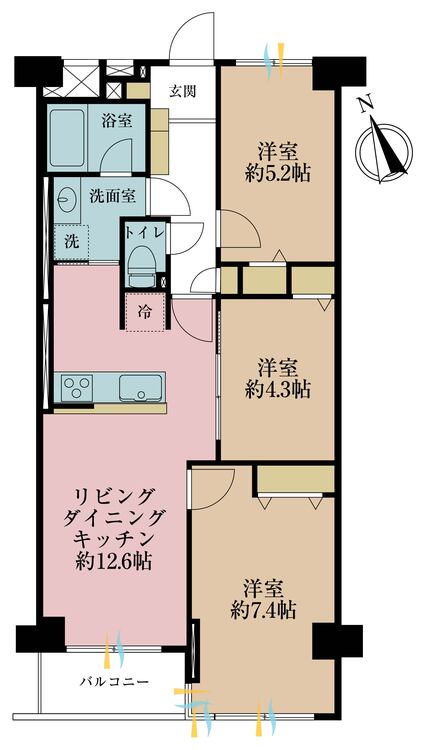 間取り 3LDK、専有面積65.08m2、バルコニー面積3.24m2
