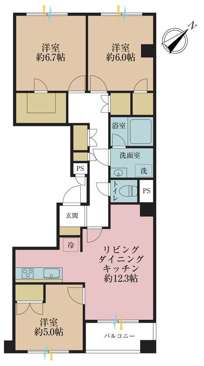 間取り 3LDK、専有面積69.02m2、バルコニー面積3.77m2