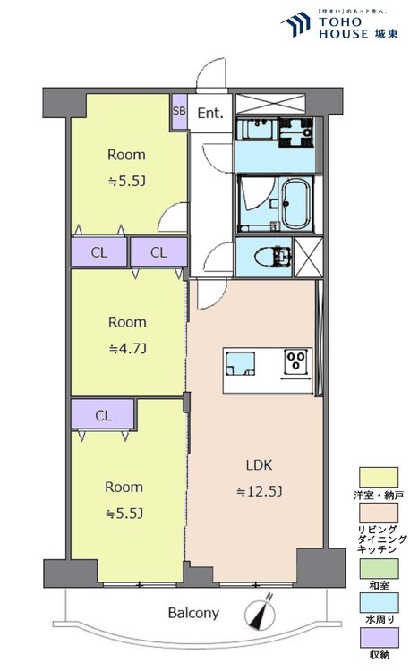 間取り ３ＬＤＫ、専有面積６１．４平米、バルコニー面積６．１９平米