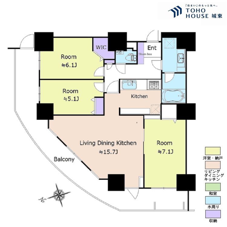 間取り ３ＬＤＫ、専有面積７６．１８平米、バルコニー面積２３．６３平米