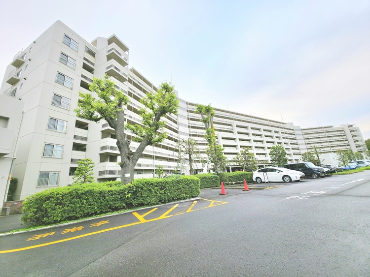 外観 緑豊かな植栽と、白を基調とした外壁が調和した清潔感あふれる外観です。マンションを取り囲む生垣が、プライベートな空間を確保します。