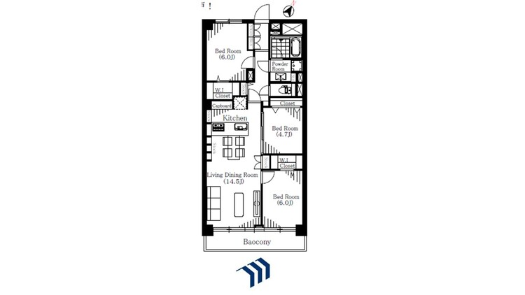 間取り 南東向きの庭に面した、日当たり良好な3LDKです。廊下が少なく、居住空間を有効活用した機能的な間取りが魅力。各居室にクローゼットもあり、すっきりと暮らせます。