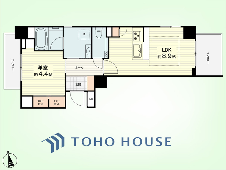 間取り 1LDK　専有面積36.44平米、バルコニー面積6.70平米