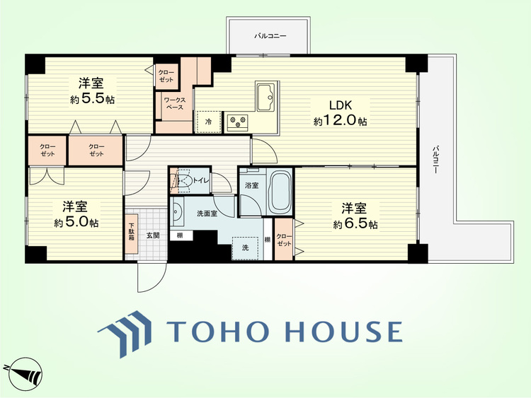 間取り 3LDK+WS　専有面積78.00平米、バルコニー面積12.80平米