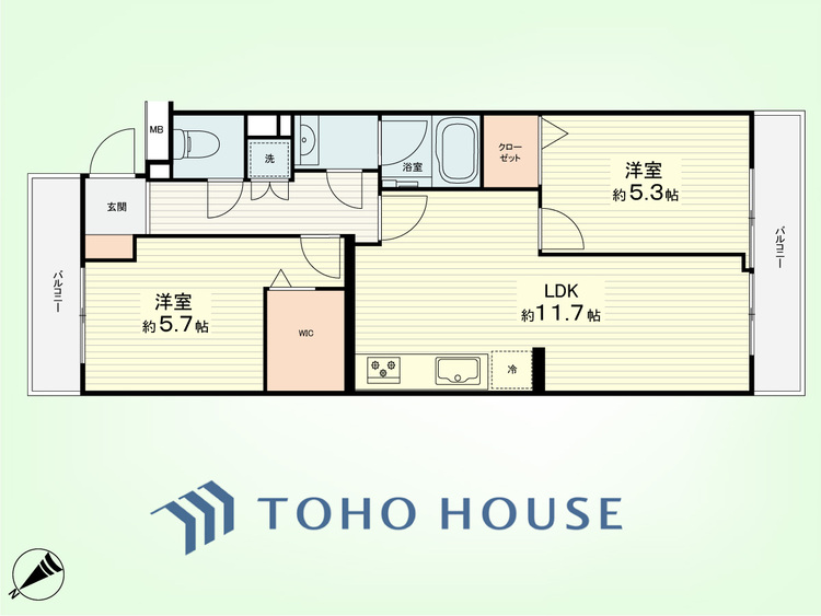 間取り 2LDK　専有面積51.29平米、バルコニー面積5.97平米