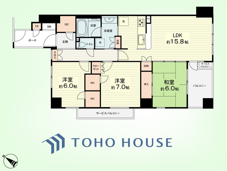 間取り 3LDK+TR　専有面積81.81平米、バルコニー面積10.62平米