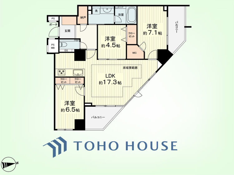 間取り 3LDK+納戸　専有面積80.70平米、バルコニー面積11.00平米