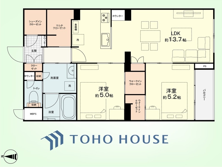 間取り 2LDK　専有面積58.50平米、バルコニー面積2.70平米