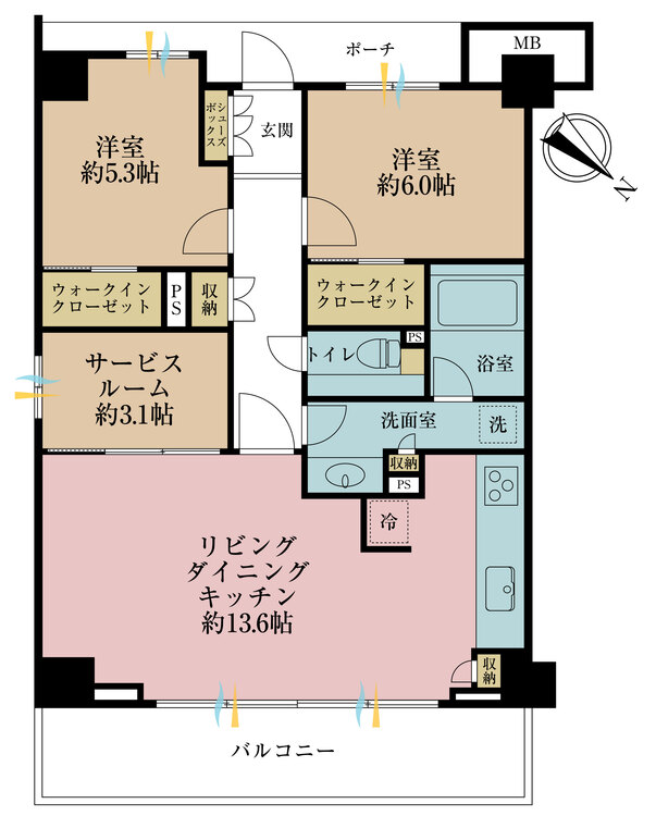 その他 2LDK+S（納戸）、専有面積66.5m2、バルコニー面積14.4m2