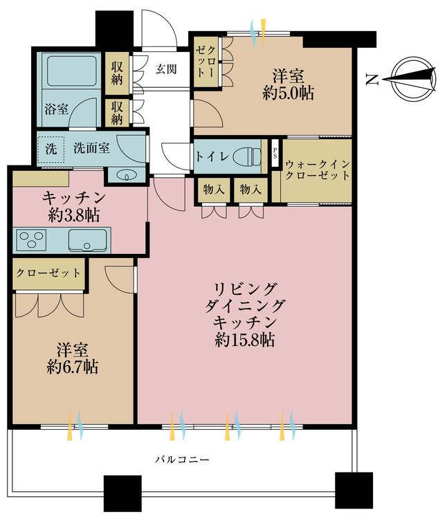間取り 2LDK、専有面積70.65m2、バルコニー面積9.39m2