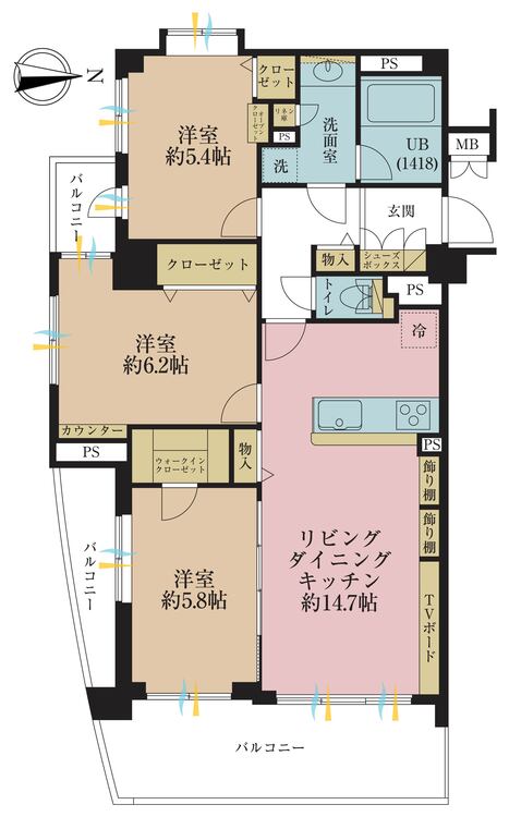 間取り 3LDK、専有面積75.06m2、バルコニー面積16.2m2