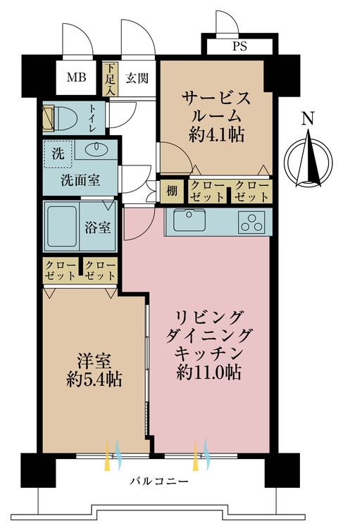 間取り 1LDK+S（納戸）、専有面積48.6m2、バルコニー面積6.84m2