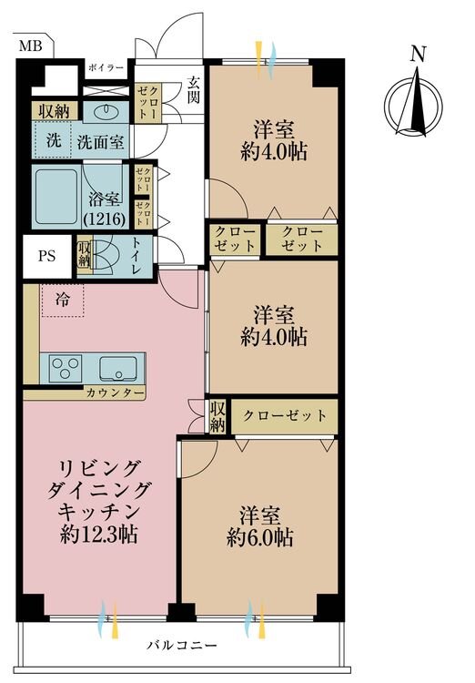 間取り ３ＬＤＫ、専有面積６１．６０平米、バルコニー面積７．８４平米