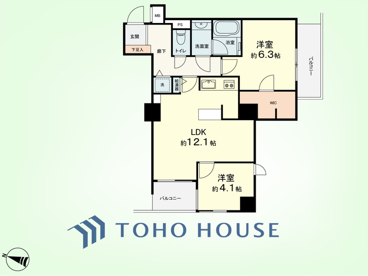 間取り 2LDK　専有面積54.88平米、バルコニー面積7.52平米