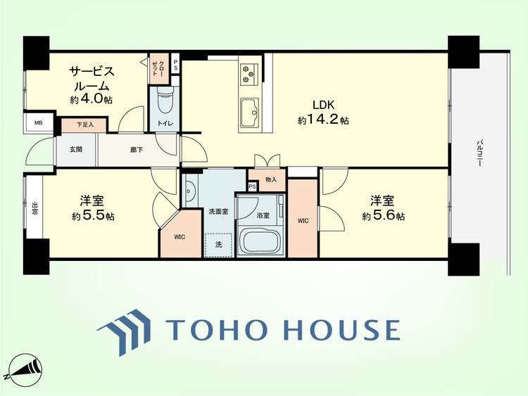 間取り 2SLDK　専有面積65.28平米、バルコニー面積9.12平米