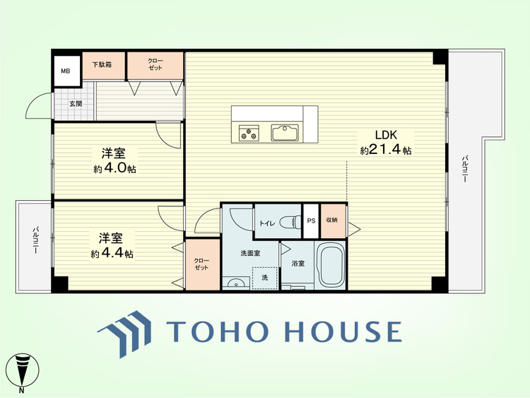 間取り 2LDK　専有面積65.92平米、バルコニー面積9.82平米