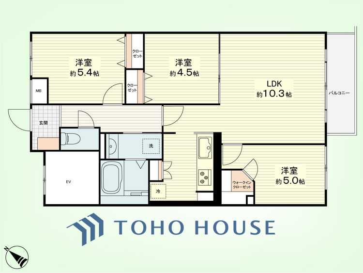 間取り 3LDK　専有面積65.53平米、バルコニー面積3.80平米