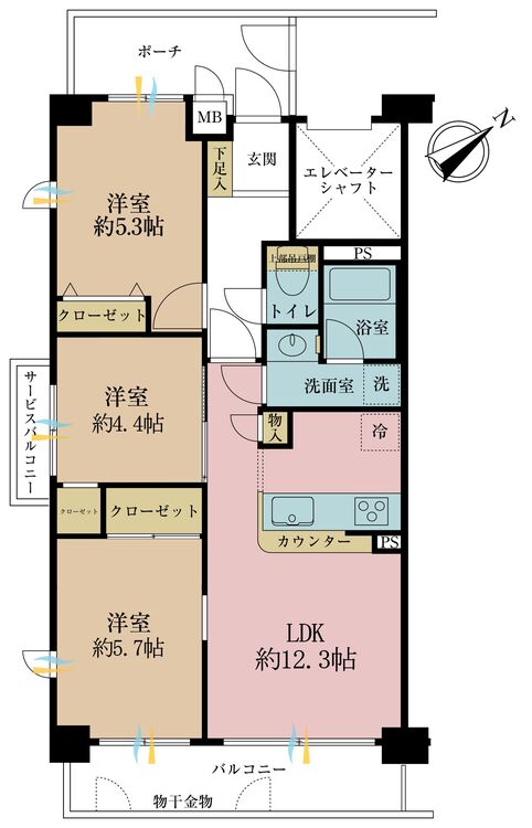 間取り ３ＬＤＫ、専有面積６０．２７平米、専用庭面積８．７平米