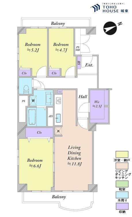 間取り ３ＬＤＫ、専有面積７４．６５平米、バルコニー面積９．５６平米