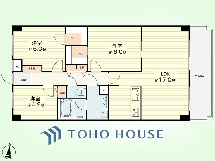 間取り 3LDK　専有面積74.34平米、バルコニー面積9.27平米